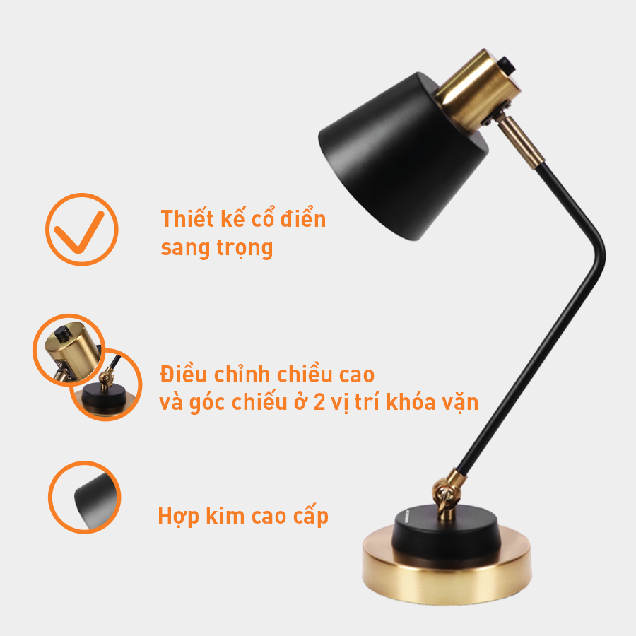 Đèn bàn Nanoco E27, hợp kim, màu đen đồng NDKC04IB