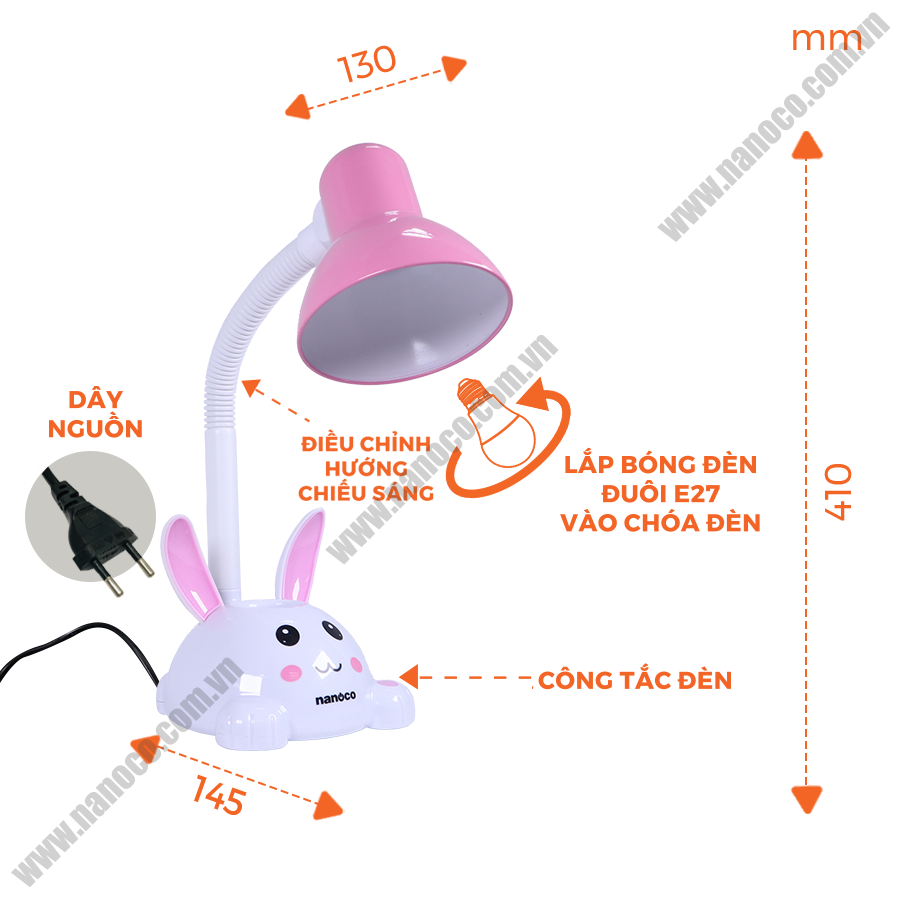 Đèn bàn Nanoco E27, thỏ hồng NDKC01P