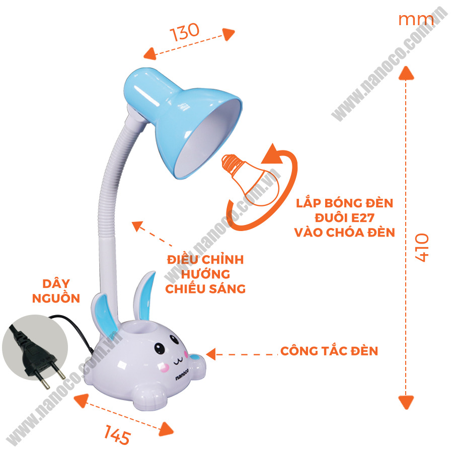 Đèn bàn Nanoco E27, thỏ xanh NDKC01BE