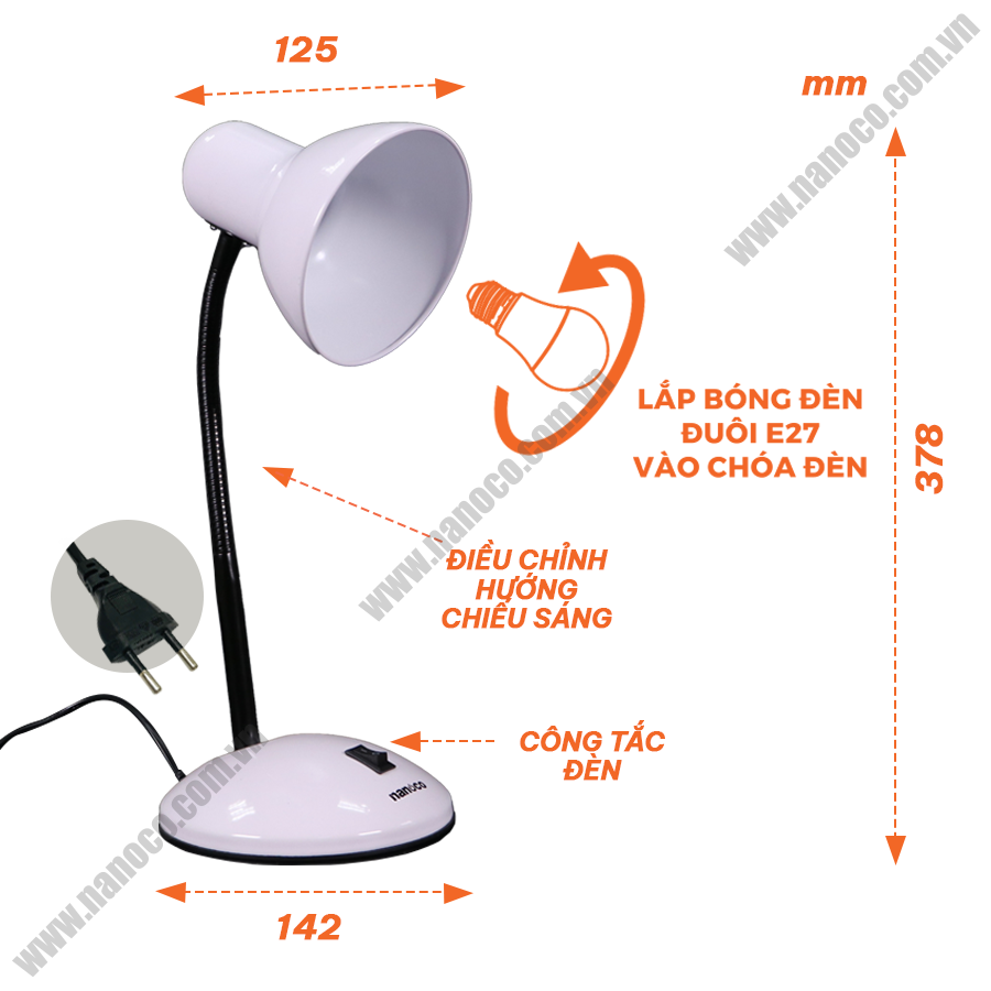 Đèn bàn Nanoco E27, trắng NDKC02W