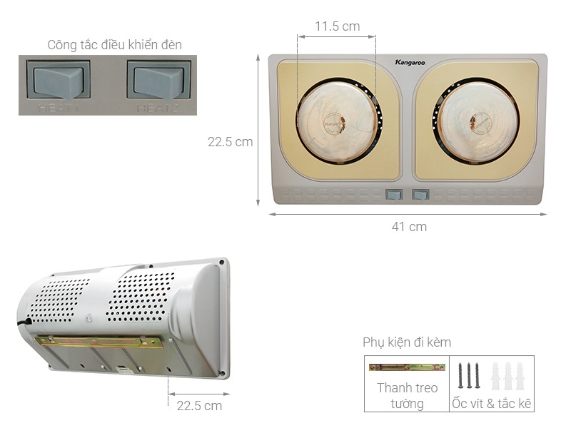 Đèn sưởi nhà tắm Kangaroo KG248, 2 bóng