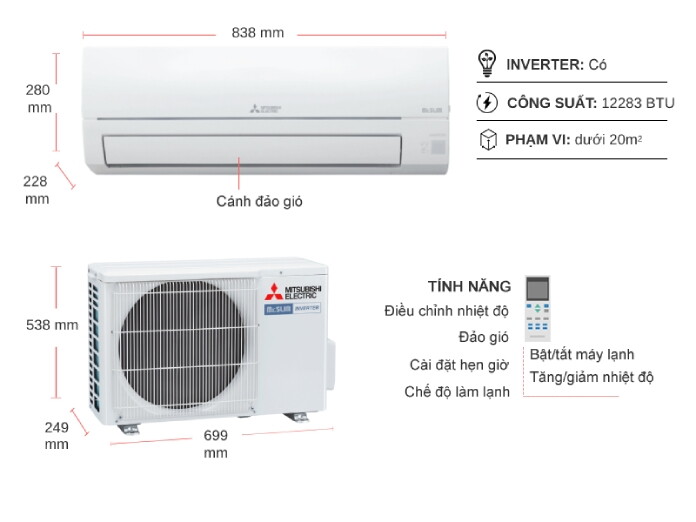 Điều hòa Mitsubishi Electric 1 chiều Inverter 12.000BTU/1.5HP MSY-JW35VF