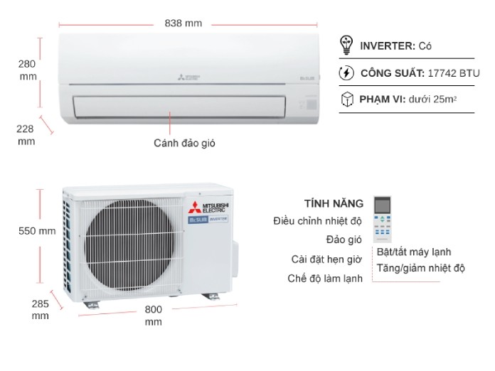 Điều hòa Mitsubishi Electric 1 chiều Inverter 18.000BTU/2HP MSY-JW50VF