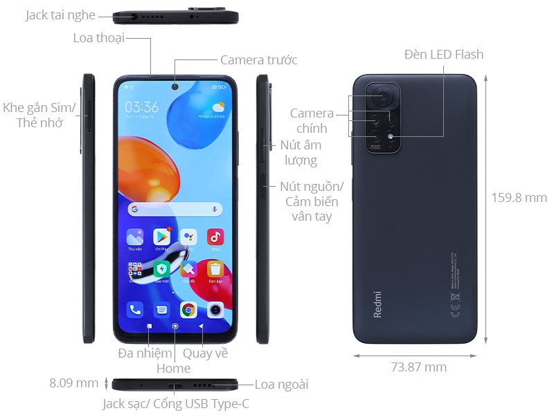 Điện thoại Xiaomi Redmi Note 11 (4+64) Xanh Dương Nhạt Star Blue