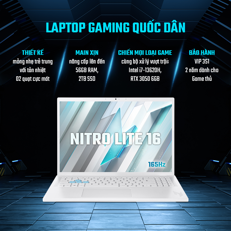 Laptop Acer Gaming Nitro Lite NL16-71G-71UJ (i7-13620H; 16GB; 512GB SSD; RTX3050/6GB; 16FHD+ 165Hz; Win11; trắng; NH.D59SV.002)
