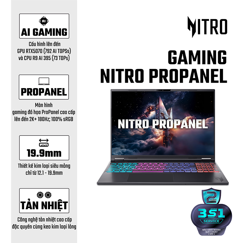 Laptop Acer Gaming Nitro ProPanel AN16S-61-R193 R9 AI 365/16GD5/512GSSD/162K 180/W11/8GD7_RTX5070/ĐEN