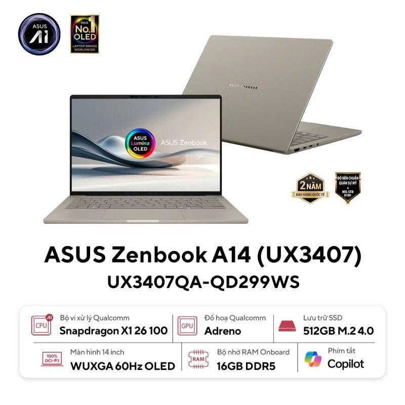 Laptop Asus ZenBook A14 UX3407QA-QD299WS /Snapdragon X - X1-26-100/16G/512GB/14.0_WUXGA/OLED/W11SL/TÚI