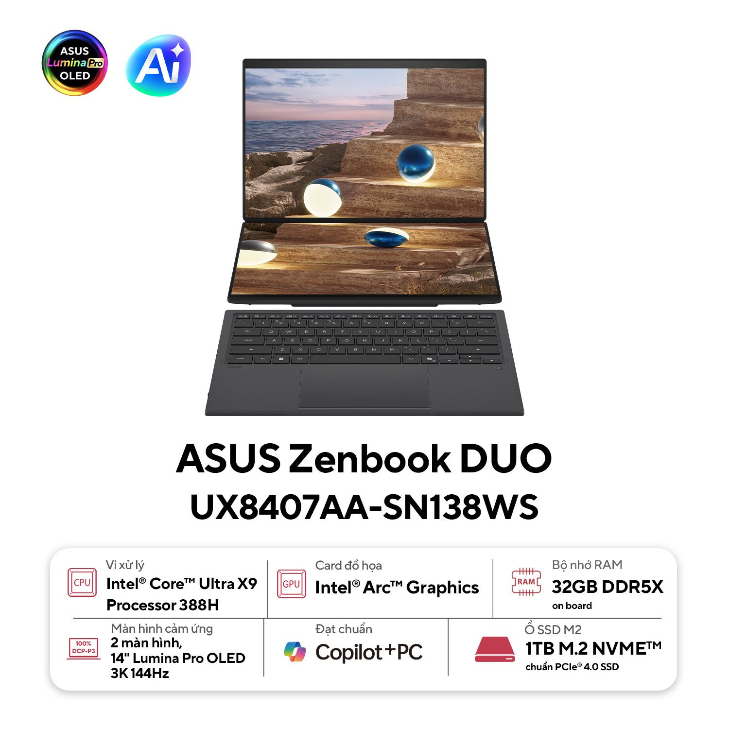 Laptop Asus Zenbook DUO UX8407AA-SN138WS /X9-388H/32G/1TB/OLED 3K 144Hz touch/OPI+M365/Sleeve/Stylus/Charger