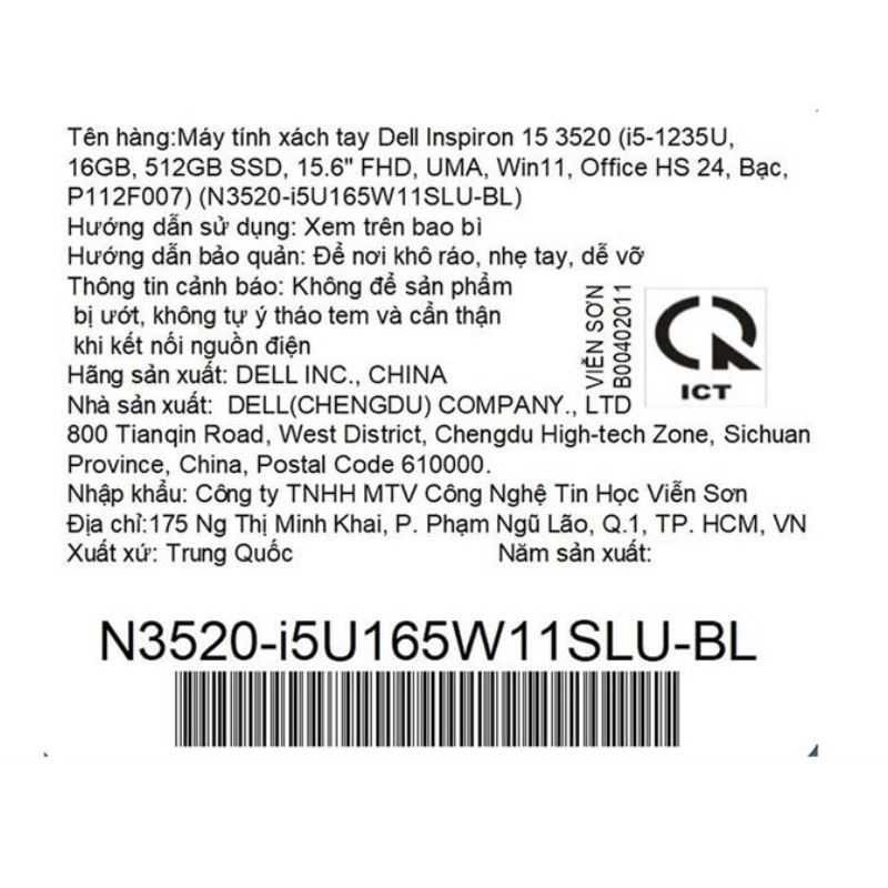 Laptop Dell Inspiron 3520 N3520-i5U165W11SLU-BL /i5-1235U/16GB/512GSSD/15.6FHD/W11+OffHS24/Bạc/LED Kboard