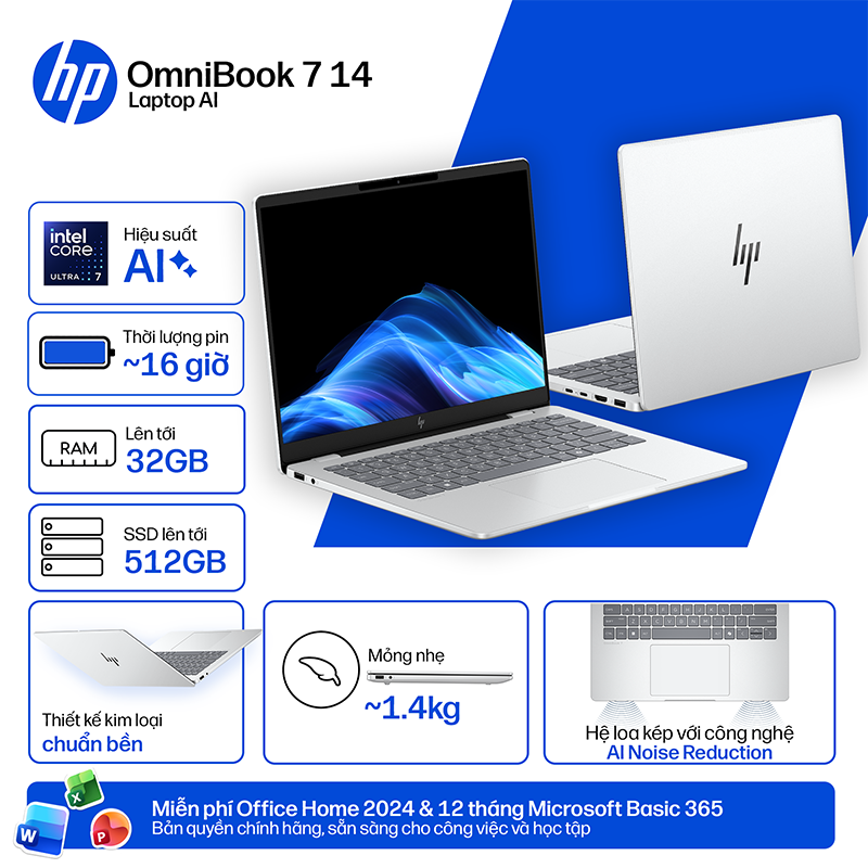 Laptop HP OmniBook 7 14-fr0027TU C1MN1PA /Ultra 7-255U/16GB/512GB/142K/3 Cell/OfficeH24+M365B/Win11/Silver/1Y