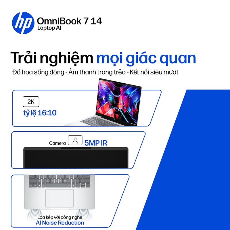 Laptop HP OmniBook 7 14-fr0027TU C1MN1PA /Ultra 7-255U/16GB/512GB/142K/3 Cell/OfficeH24+M365B/Win11/Silver/1Y