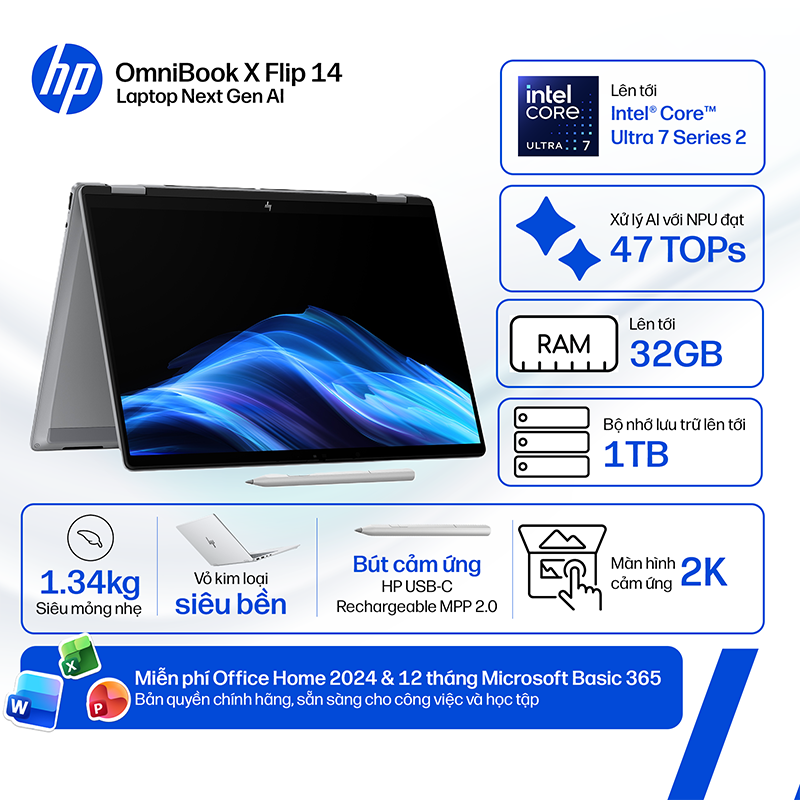 Laptop HP OmniBook X Flip 14-fm0088TU BZ7Q2PA /Ultra 5-226V/16GB/512GB /142K Touch/3 Cell/Pen/OfficeH24+M365B/Win11/Xanh/1Y