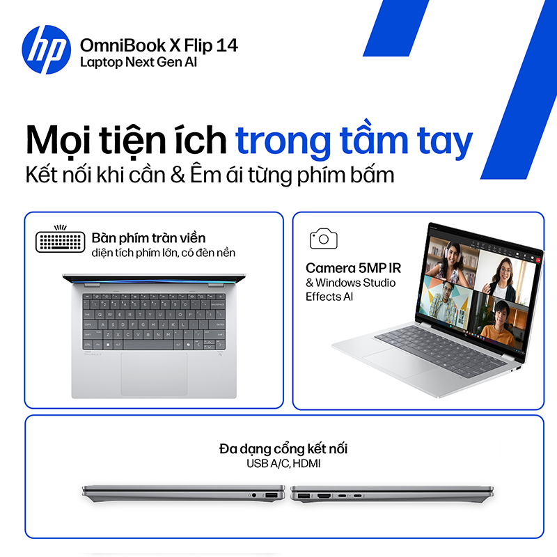 Laptop HP OmniBook X Flip 14-fm0088TU BZ7Q2PA /Ultra 5-226V/16GB/512GB /142K Touch/3 Cell/Pen/OfficeH24+M365B/Win11/Xanh/1Y