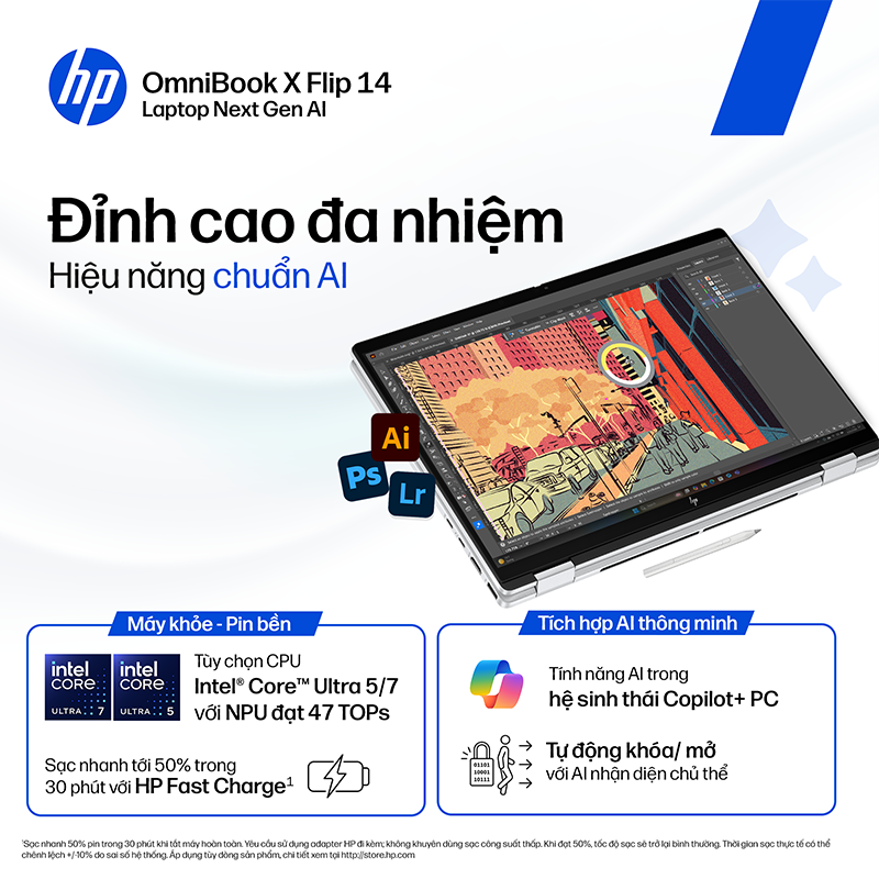 Laptop HP OmniBook X Flip 14-fm0088TU BZ7Q2PA /Ultra 5-226V/16GB/512GB /142K Touch/3 Cell/Pen/OfficeH24+M365B/Win11/Xanh/1Y