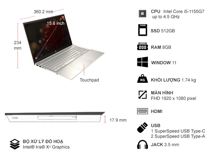 Laptop HP Pavilion 15-eg1037TU 5Z9V0PA Vàng