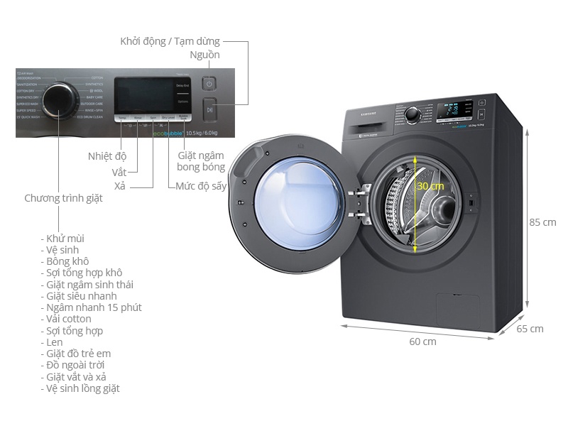 Máy giặt 10.5 Kg Samsung WD10J6410AX/SV lồng ngang