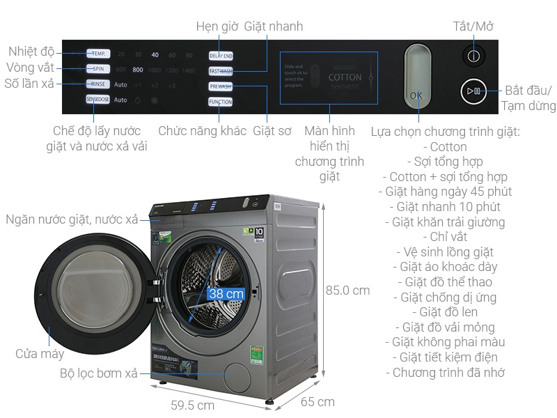 Máy giặt lồng ngang Toshiba Inverter 10,5Kg TW-BH115W4V(SK)