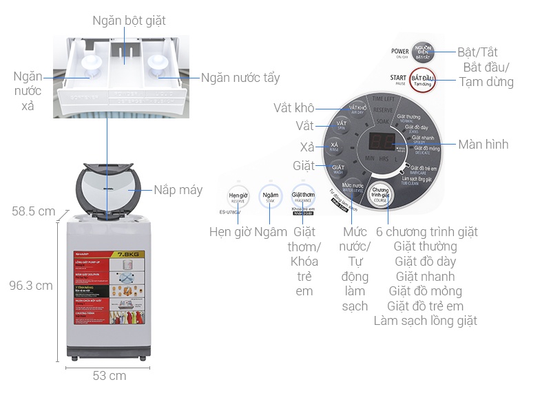 Máy giặt 7.8Kg Sharp ES-U78GV-H (màu xám)