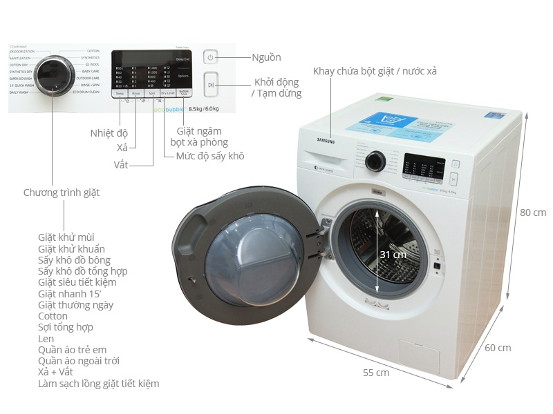 Máy giặt 8.5 Kg Samsung WD85J5410AW/SV lồng ngang, sấy 6 Kg