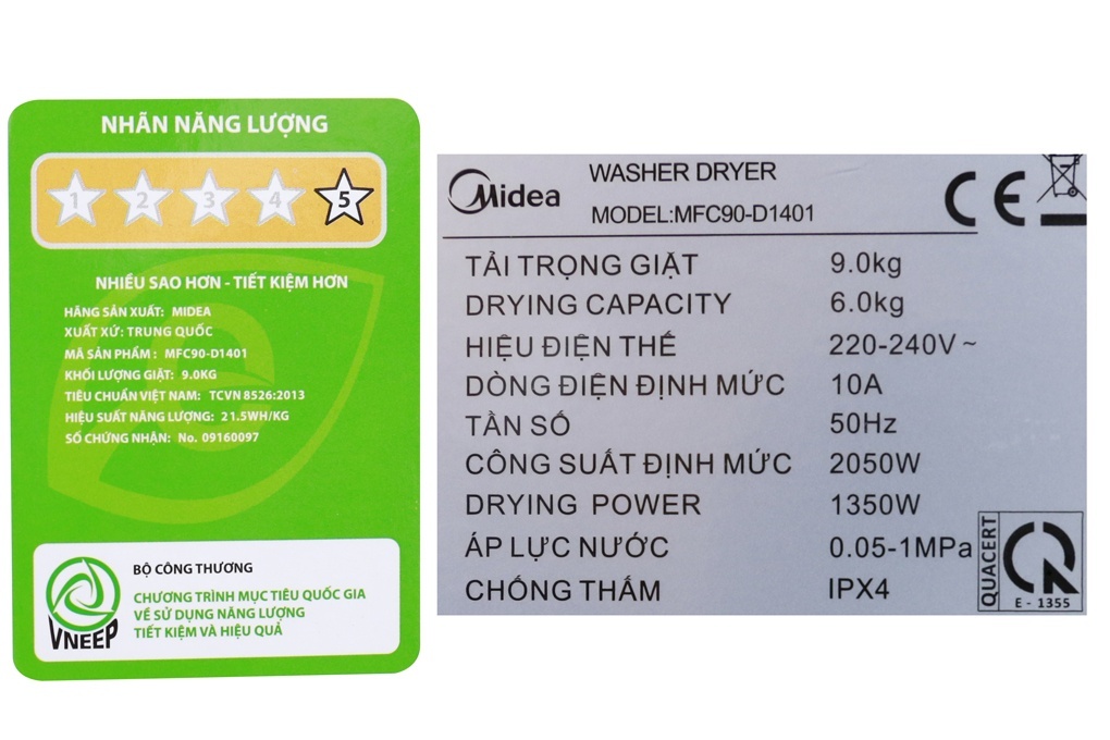 Máy giặt 9 kg Midea MFC90-D1401 Sấy 6kg Giặt nước nóng