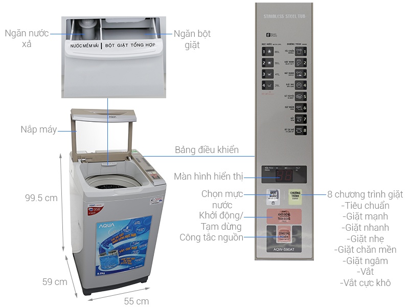 Máy giặt AQua 9 Kg AQW-S90AT lồng đứng