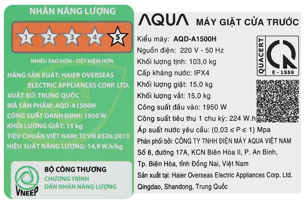 Máy giặt Aqua Inverter 15 kg AQD-A1500H.PS