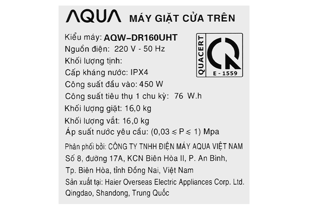 Máy giặt Aqua Inverter 16 kg AQW-DR160UHT.PS