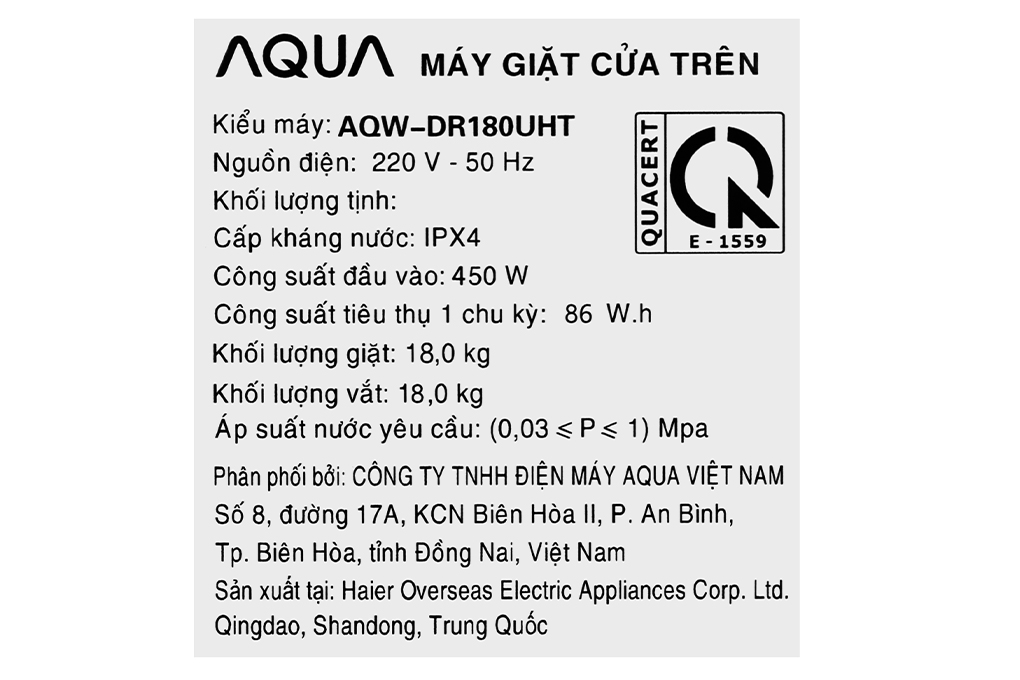 Máy giặt Aqua Inverter 18 kg AQW-DR180UHT.PS