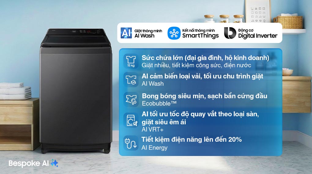 Máy giặt Bespoke Samsung Ecobubble Inverter 15Kg WA80F15S5CSV