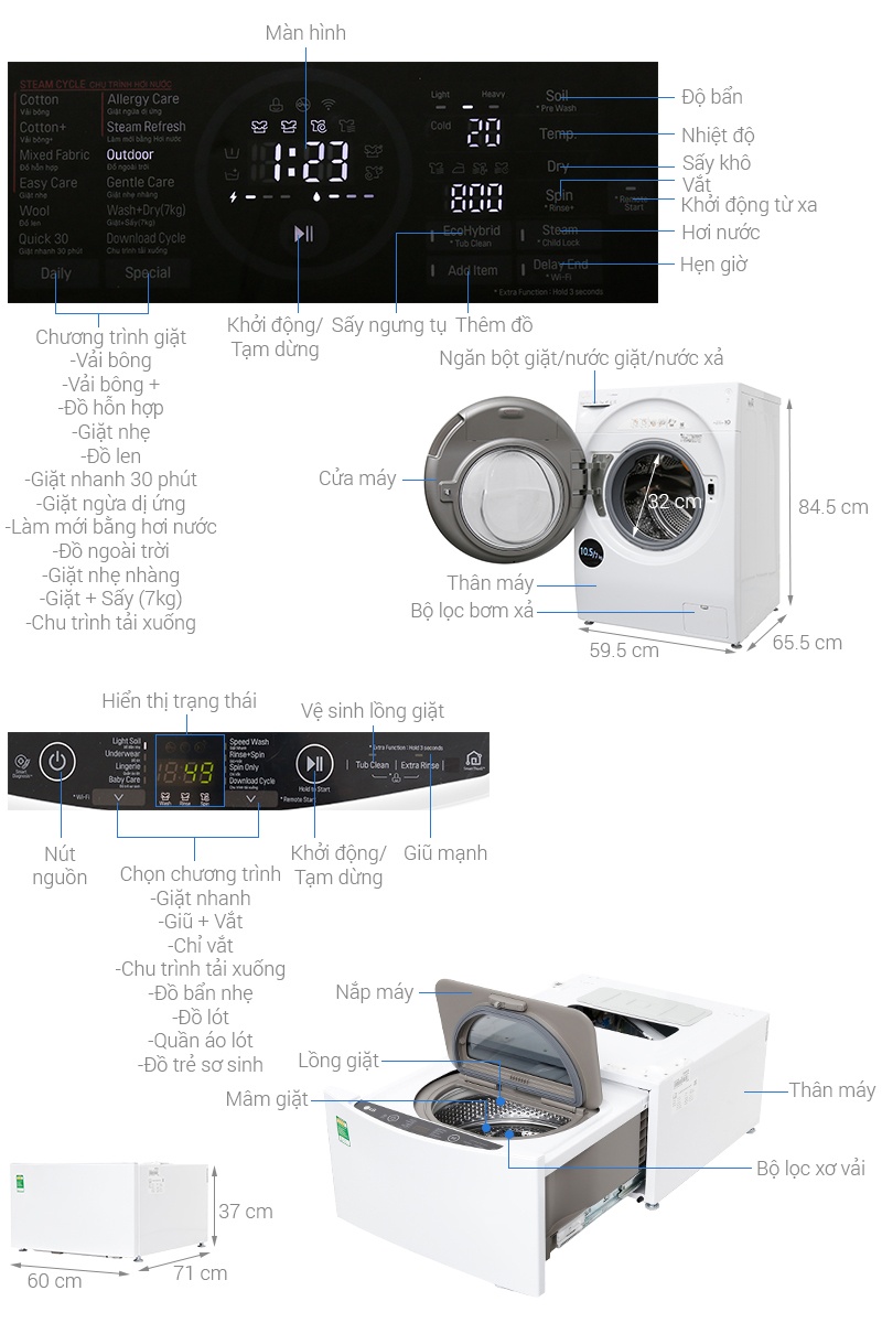 Máy giặt lồng đôi LG Twin Wash Giặt 10.5Kg+2.0Kg/ sấy 7Kg (FG1405H3W & TG2402NTWW)