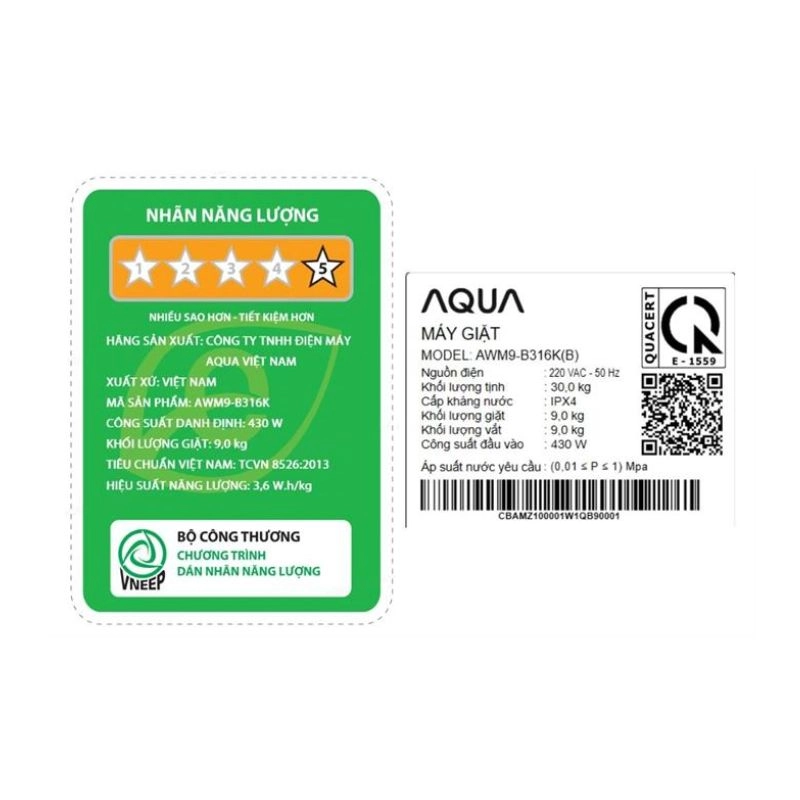 Máy giặt lồng đứng AQUA 9 Kg AWM9-B316K(B)