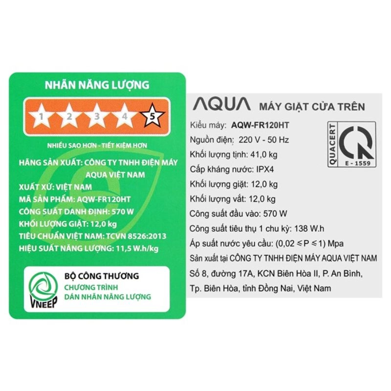 Máy giặt lồng đứng AQUA Inverter 12 Kg AQW-FR120HT.BK