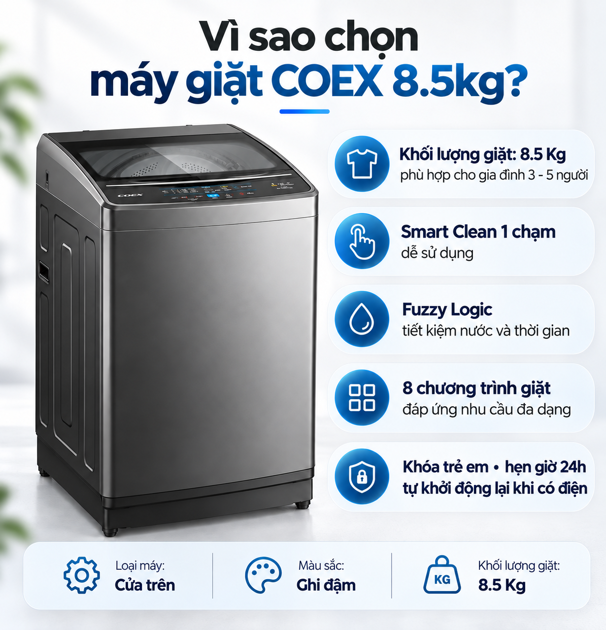 Máy giặt lồng đứng Coex 8.5 kg TW-80CW1415IGB