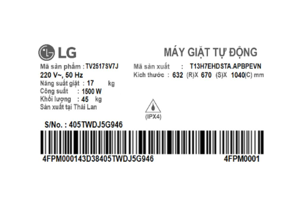 Máy giặt lồng đứng LG Inverter 17kg TV2517SV7J