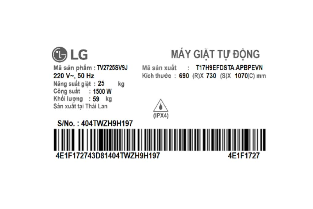 Máy giặt lồng đứng LG Inverter 25kg TV2725SV9J