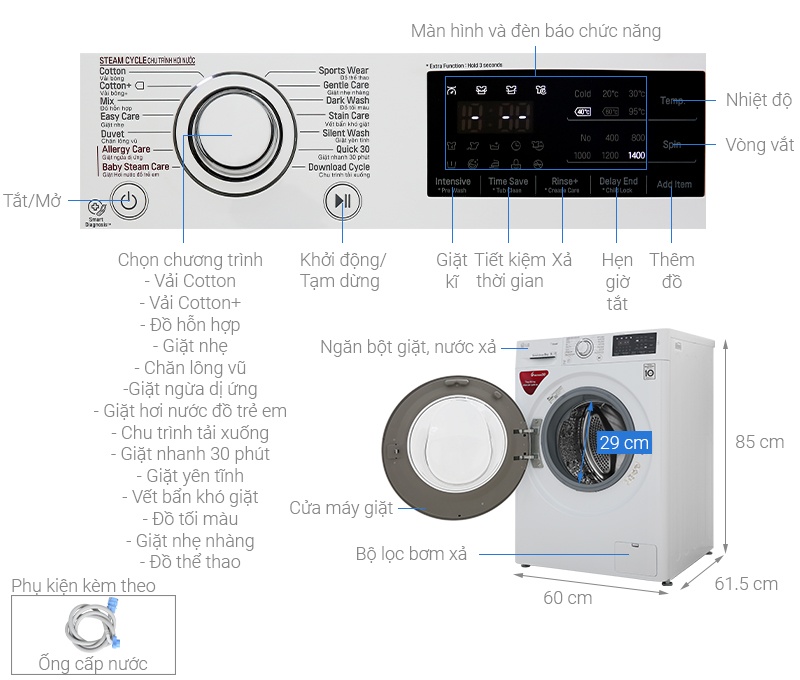 Máy giặt LG lồng ngang 8kg FC1408S5W Inverter Direct Drive