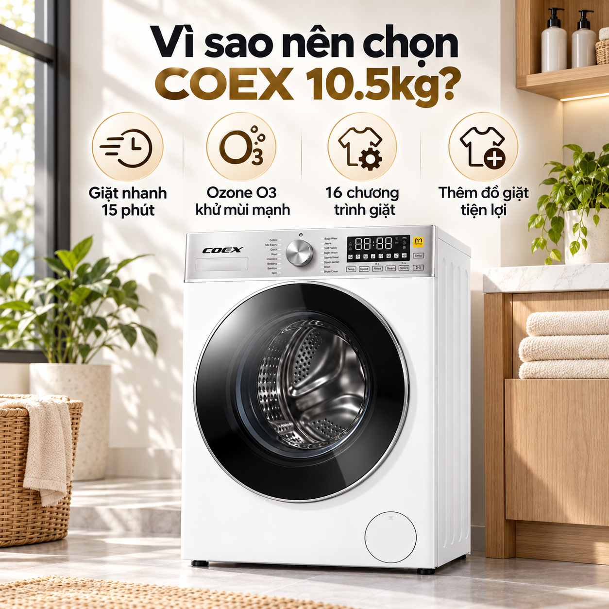Máy giặt lồng ngang AI DD Inverter Coex 10.5 kg FW-10CW1415IWB