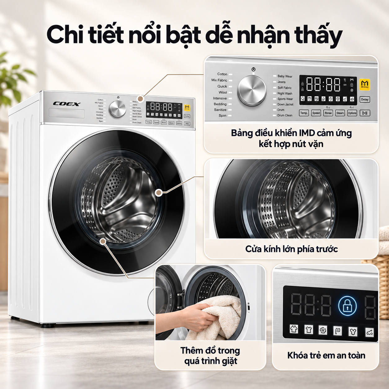 Máy giặt lồng ngang AI DD Inverter Coex 10.5 kg FW-10CW1415IWB