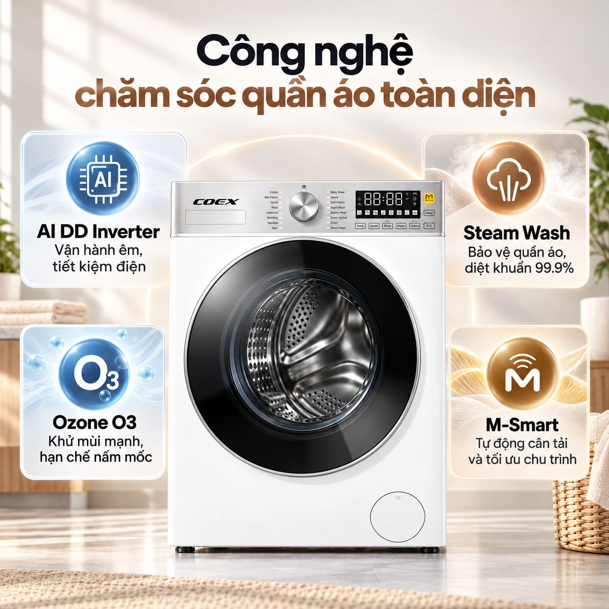 Máy giặt lồng ngang AI DD Inverter Coex 10.5 kg FW-10CW1415IWB