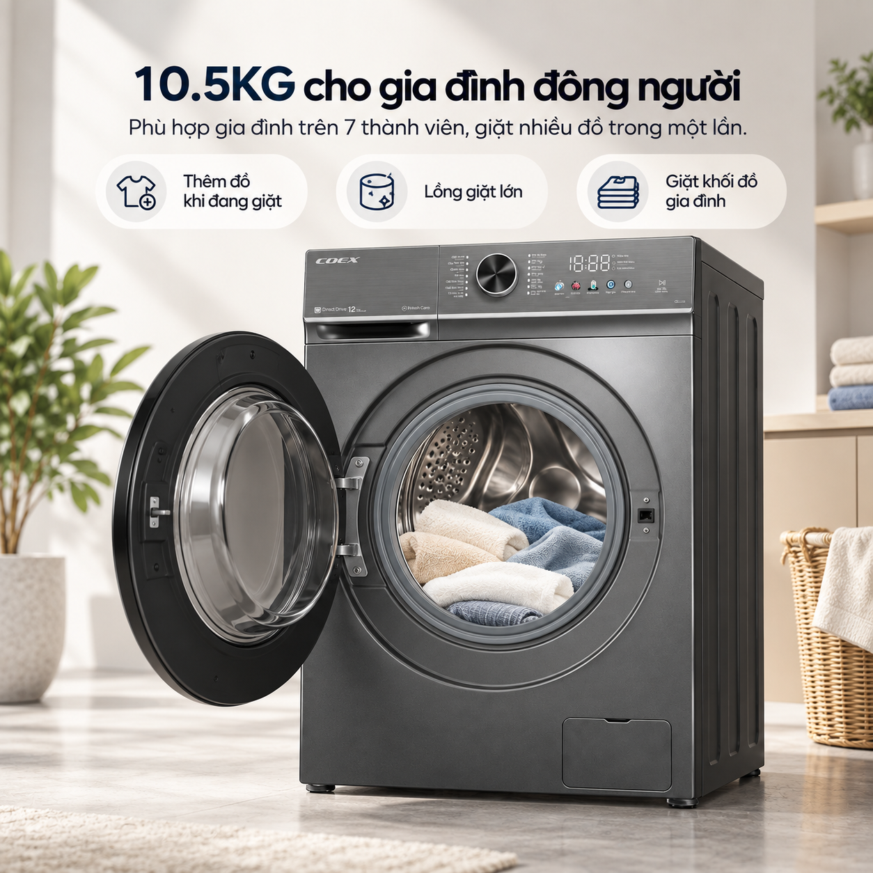 Máy giặt lồng ngang AI DD Inverter Coex 10.5 kg FW-11CW1413SG