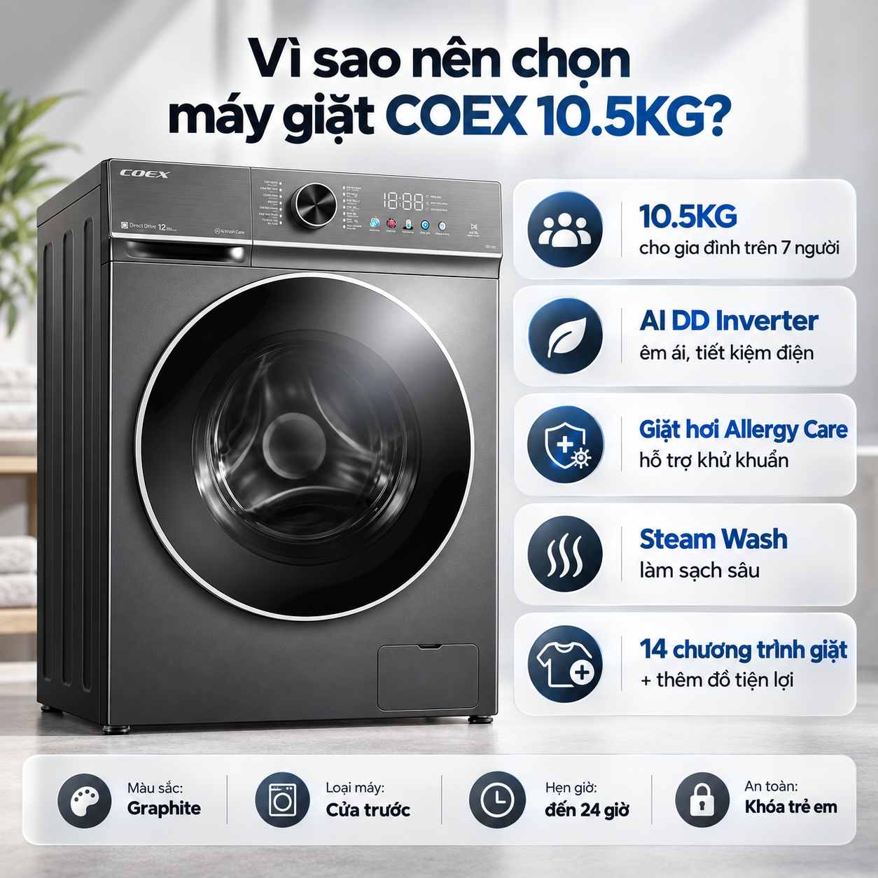 Máy giặt lồng ngang AI DD Inverter Coex 10.5 kg FW-11CW1413SG