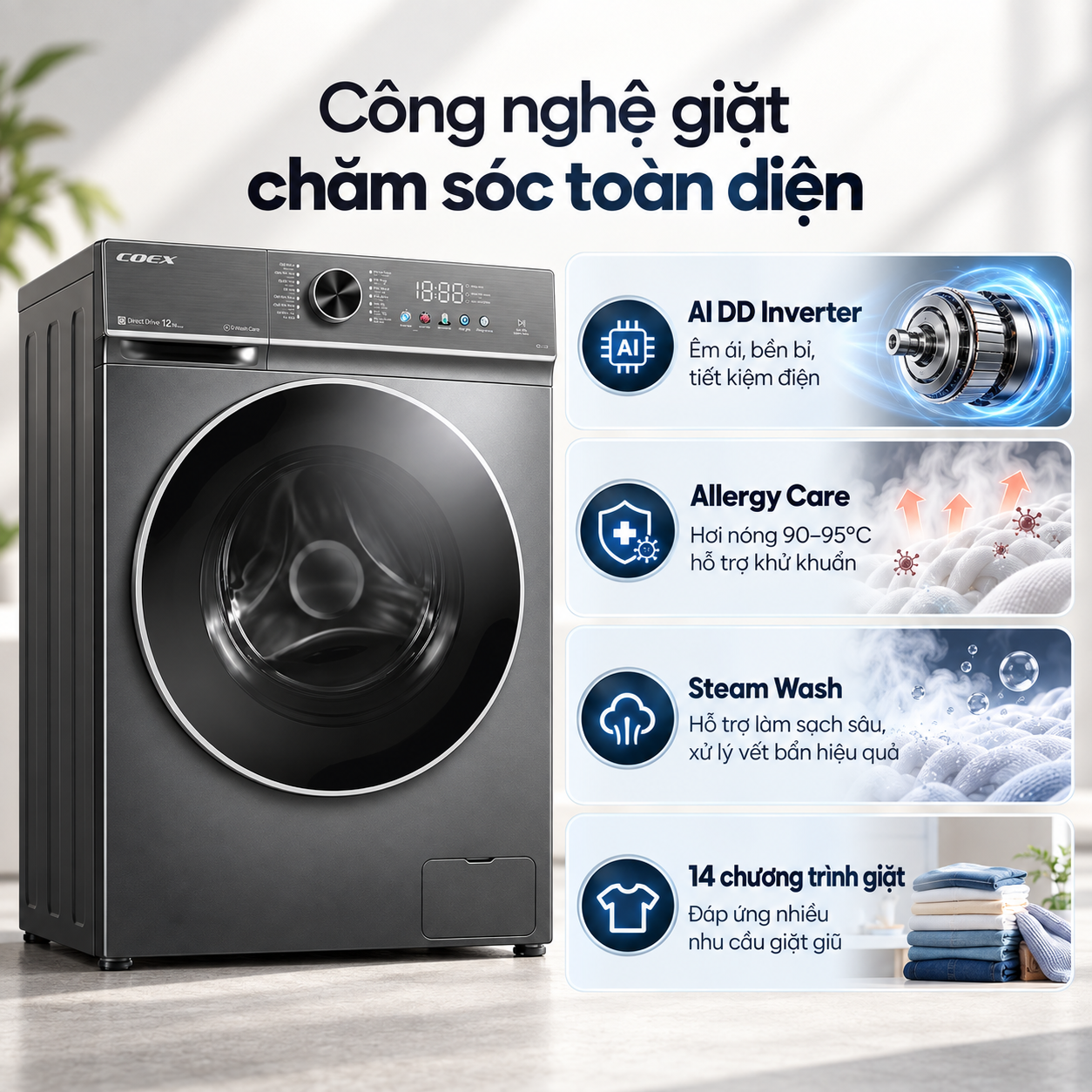 Máy giặt lồng ngang AI DD Inverter Coex 10.5 kg FW-11CW1413SG