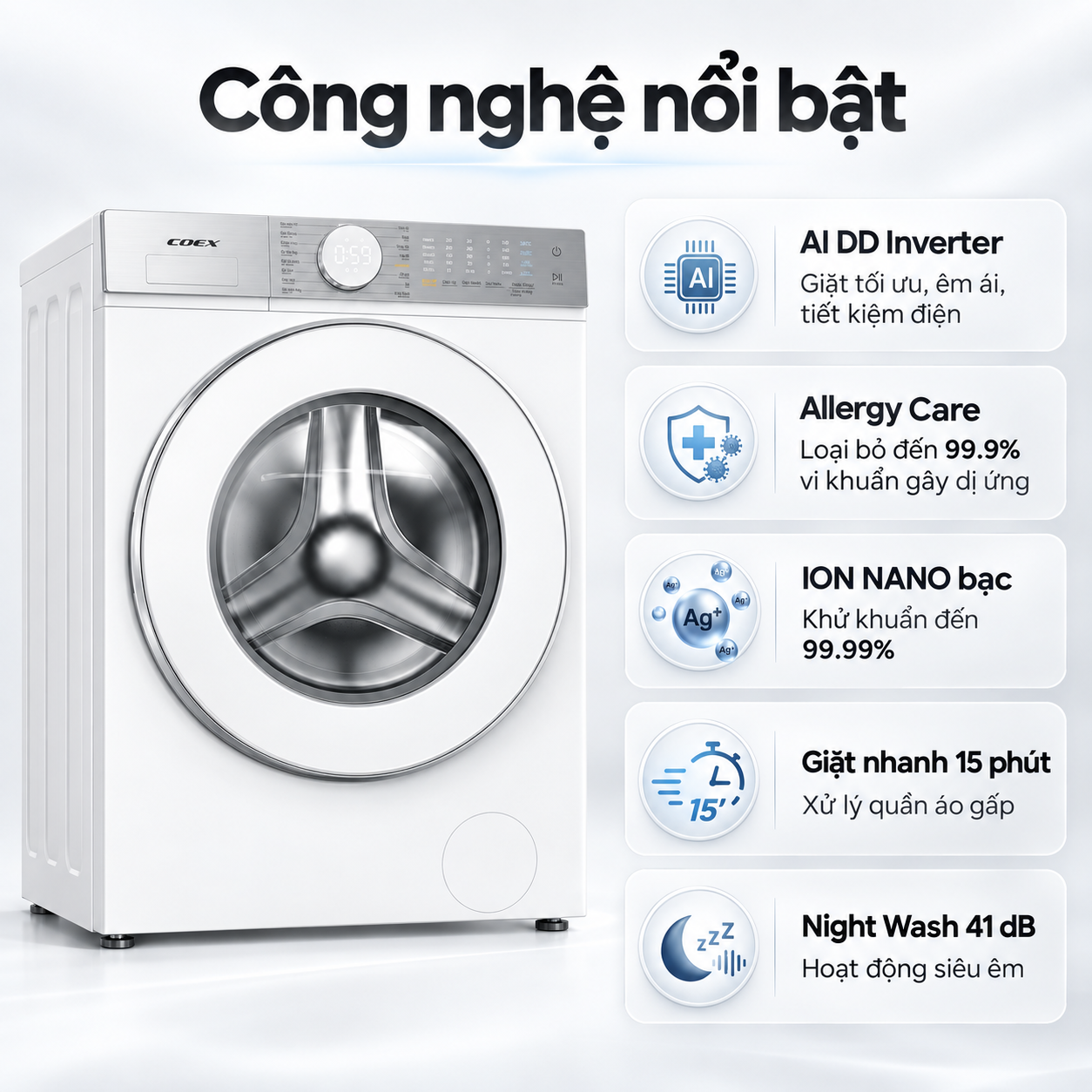 Máy giặt lồng ngang AI DD Inverter Coex 10.5 kg FW-11CW1415WG-BS