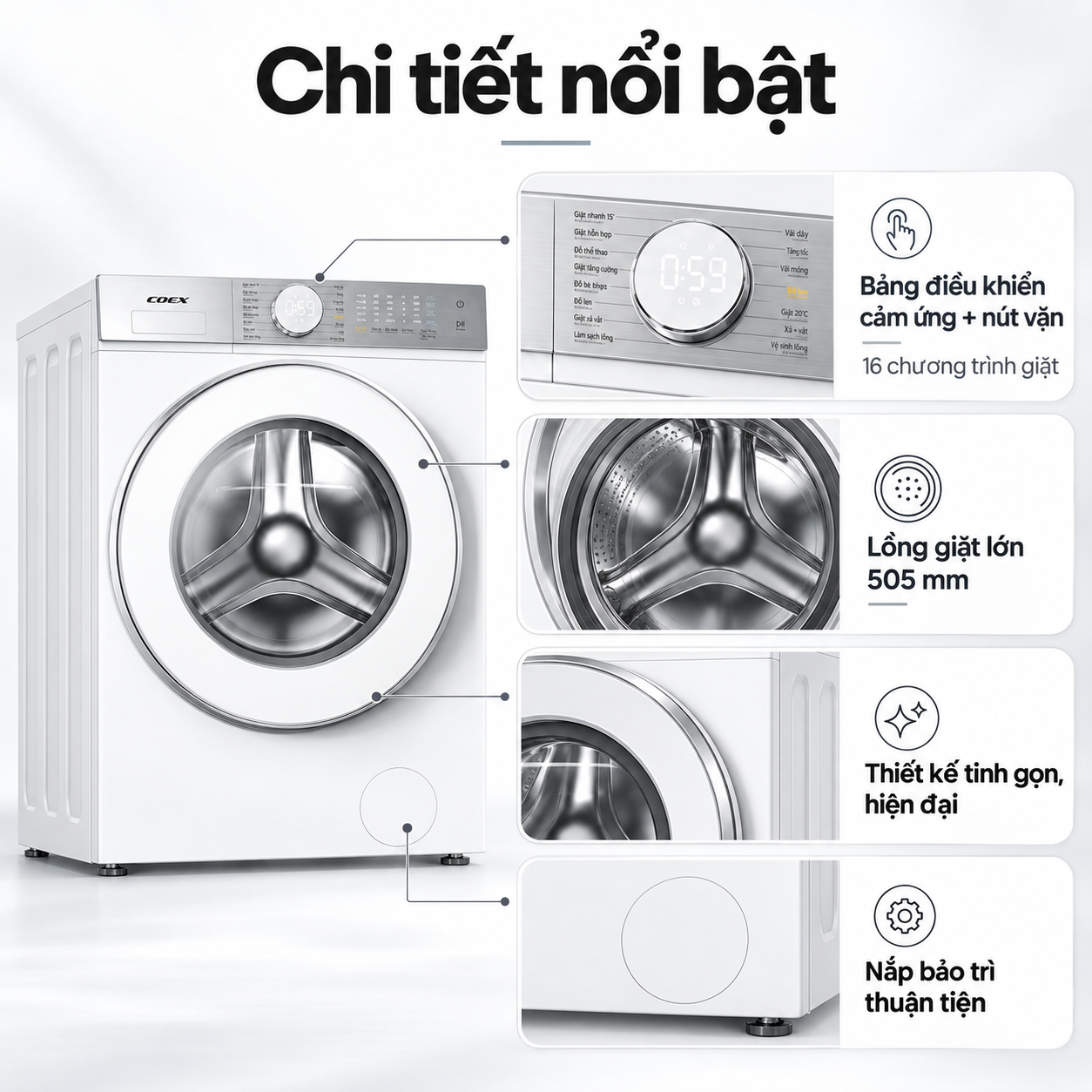 Máy giặt lồng ngang AI DD Inverter Coex 10.5 kg FW-11CW1415WG-BS