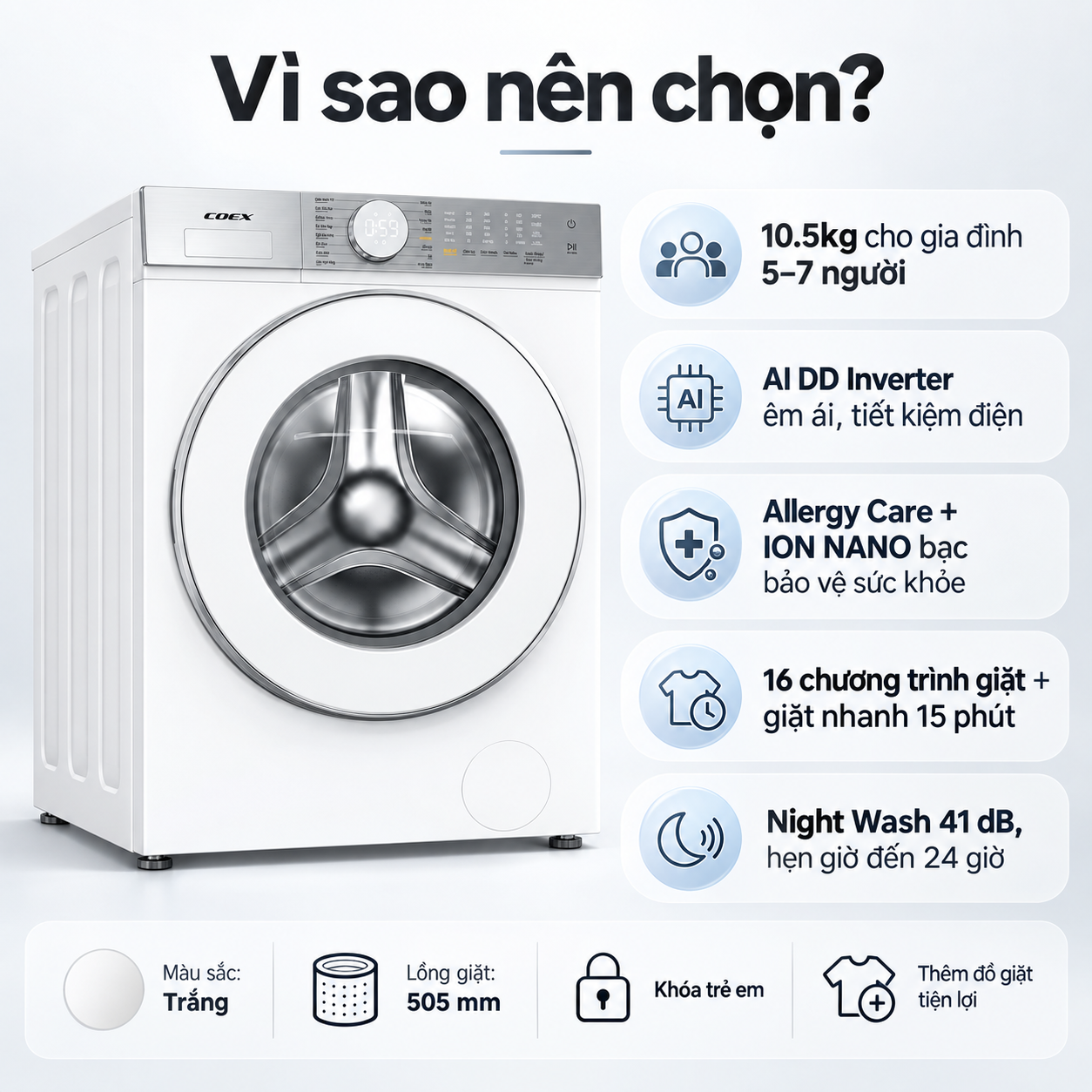 Máy giặt lồng ngang AI DD Inverter Coex 10.5 kg FW-11CW1415WG-BS