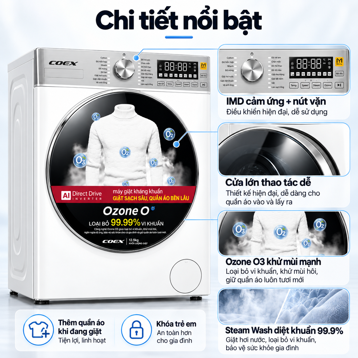 Máy giặt lồng ngang AI DD Inverter Coex 12.5 kg FW-12CW1416IWB