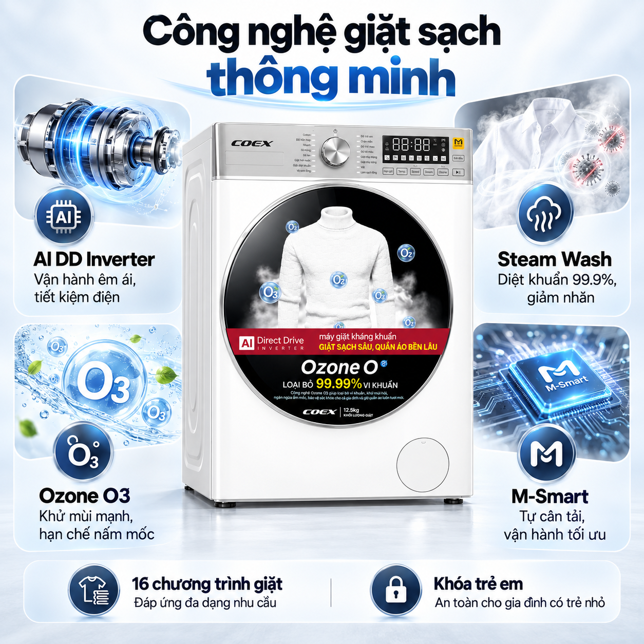 Máy giặt lồng ngang AI DD Inverter Coex 12.5 kg FW-12CW1416IWB