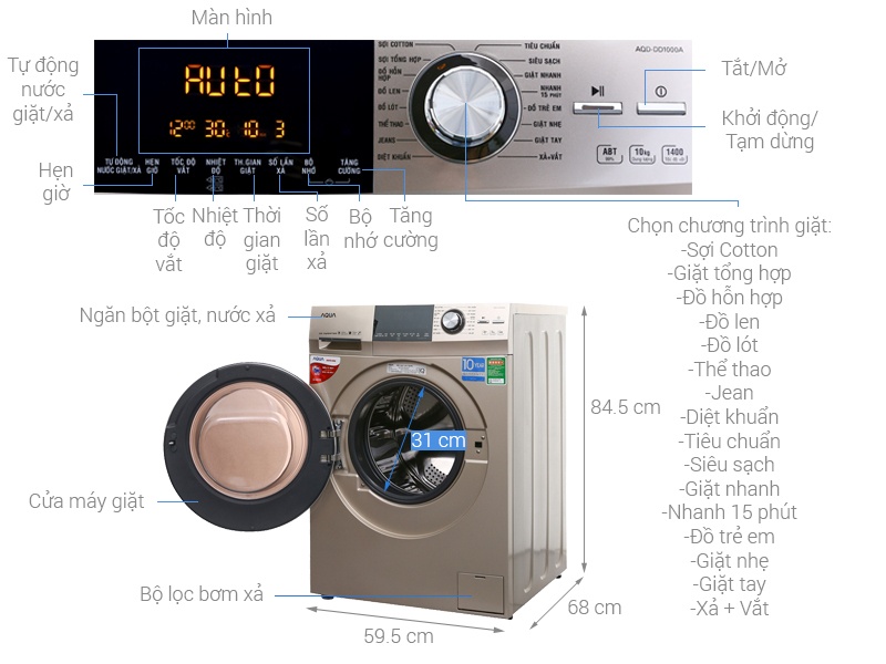 Máy giặt lồng ngang Aqua 10Kg AQD-DD1000A(N2)