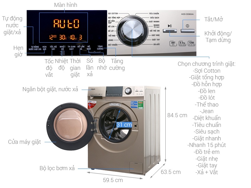 Máy giặt lồng ngang Aqua 8.5Kg AQD-D850A(N2)