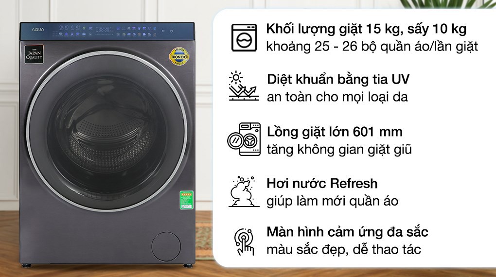 Máy giặt lồng ngang AQua Inverter 15Kg+sấy 10Kg AQD-DH1500G.PP